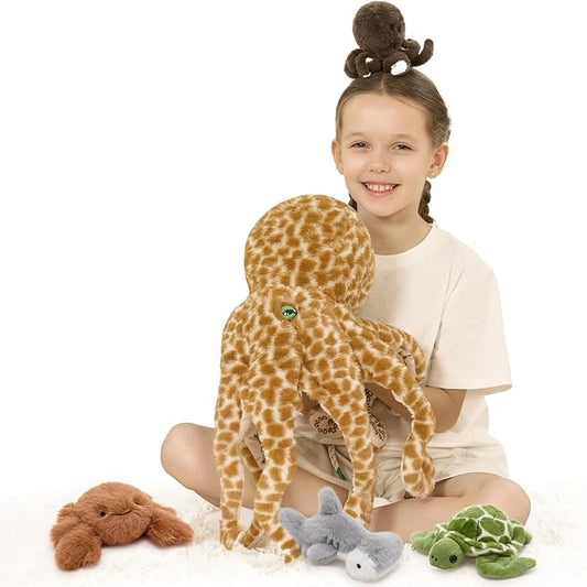 5 Piece Giant Octopus Plush Set, 23.6 Inch Mom Octopus Stuffed Animal with 4 Mini Ocean Animal Plush Toys, Soft Sea Creature Plush with Zippered Head Pouch, Ocean Gift for Kids