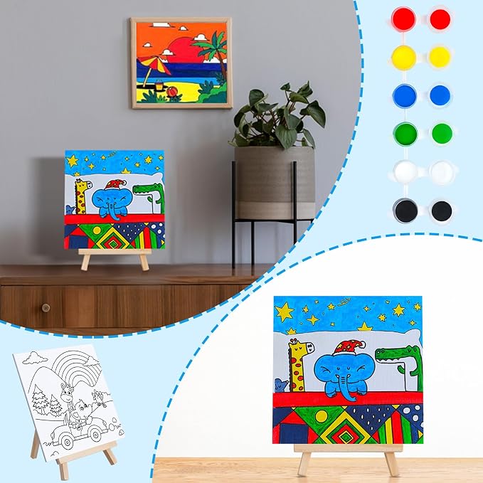 Tenceur 48 Pcs Kids Paint Party Favors Sets with 12 Pcs Animals Pre Drawn Canvas Panel and Wooden Easel Set Paint Pots and Brushes 12 Mini Apron and Tote Bag for Kids Boys Student Girls