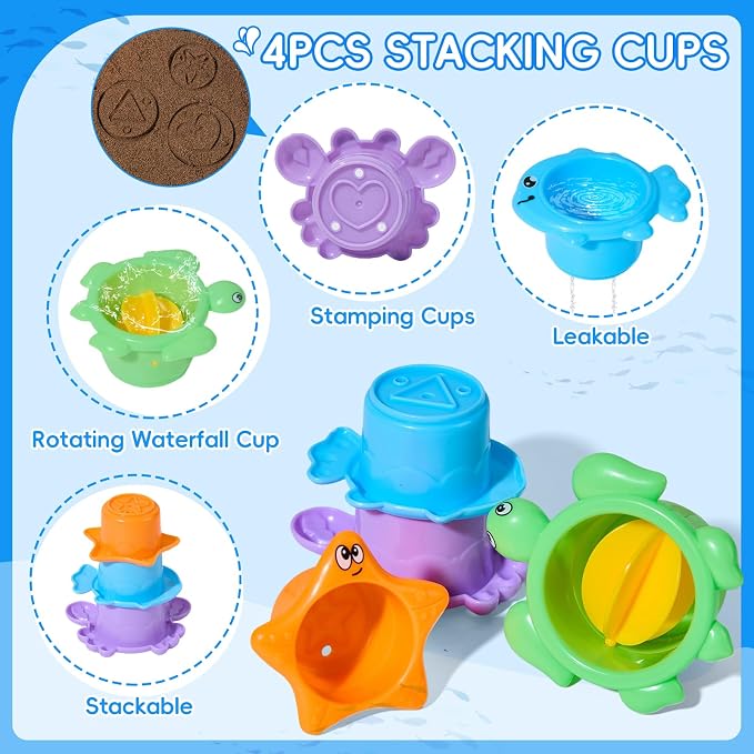 Baby Bath Toys for Kids Ages 1-3, 17PCS Mold-Free No Hole Bath Toys, Pool Water Table Toys, Toddler Bath Toy Set with Whale Sprayer, Boats & Stacking Cups, Easy Clean Bathtub Toys Girls Boys Gifts