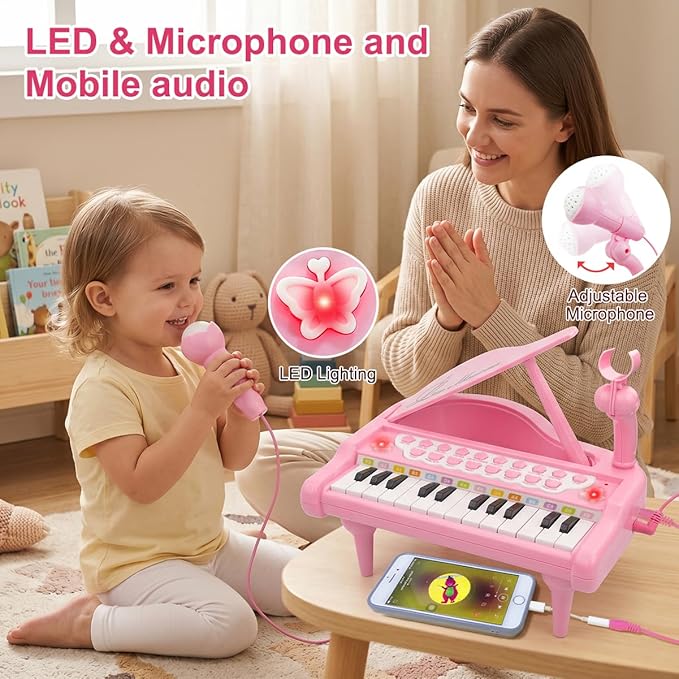 Love&Mini Pink Piano Toys for 1+Years Old Girls First Birthday Gifts Toddler Piano Music Toy Instruments with 24 Keys and Microphone