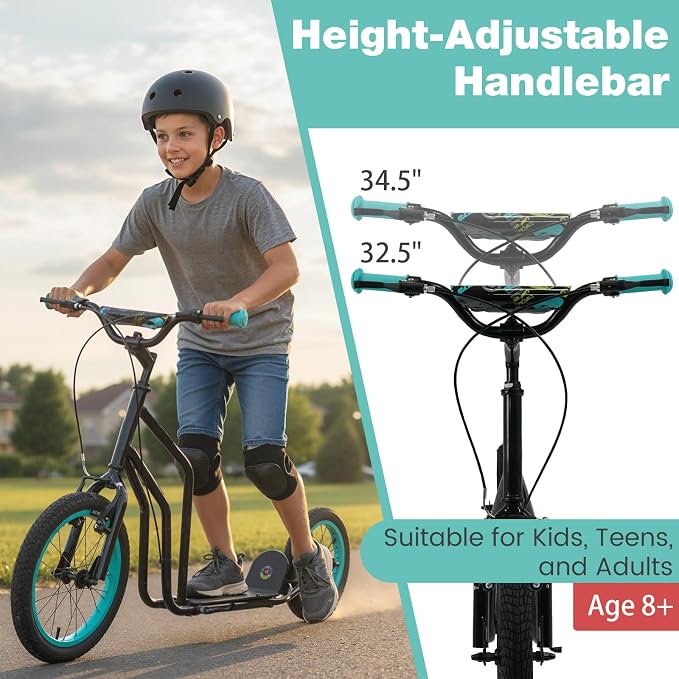 Costzon Big Wheels Kick Scooter for Kids 8+, Youth Scooter with Foldable & Height Adjustable Handlebar, Inflatable Shock Absorption Wheels, Dual Brakes for Teens, Adults, Max Load 220 LBS