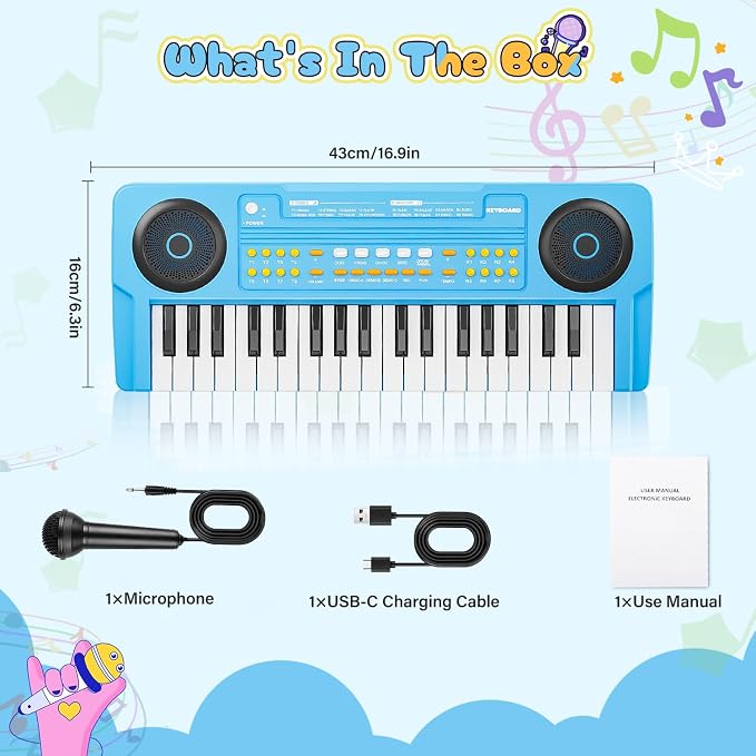 Upgraded 37 Keys Kids Piano Keyboard – Portable Toddler Music Toy Keyboard with Microphone Musical Instrument Birthday Gift for 3 4 5 6 Boys Girls, Blue