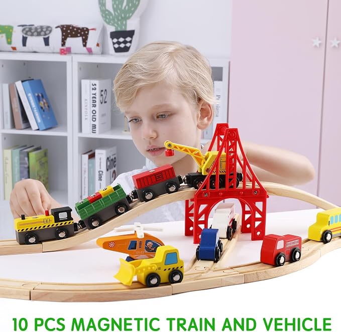 100 Pcs Wooden Train Track Set, Toy Train with Tracks for Kids Ages 3-10, Compatible with Major Brands, Railway Playset for Boys and Girls Birthday Gift