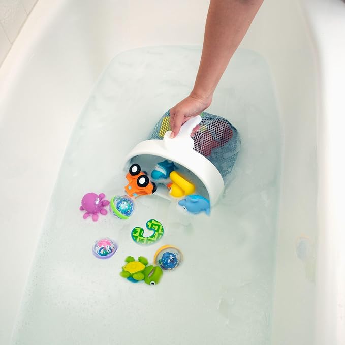 Nuby Mesh Toy Caddy - Bath Toy Storage Organizer with Detachable Suction Hanger - Handle for Easy Scooping - Durable, Quick-Dry Mesh