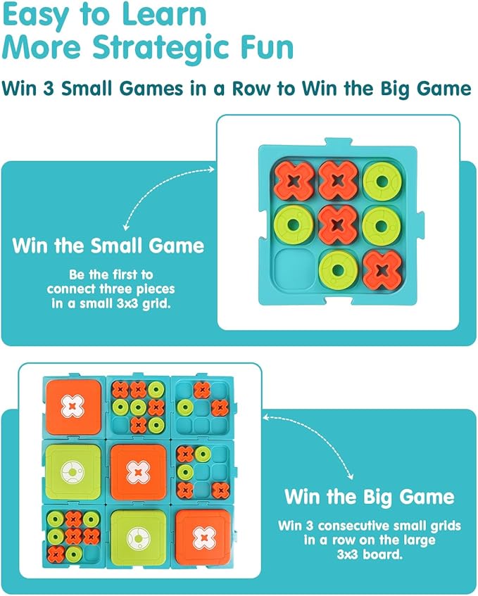 Tic Tac Toe Game for Kids & Adults Ages 6+, 9-in-1 Detachable Board, 2 Game Modes, 15-Min Games, Portable Travel Family Board Game with Storage Bag, XO Strategy Gift for Boys Girls BPA-Free