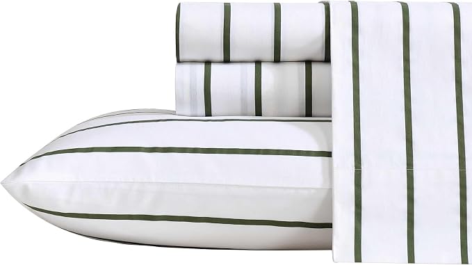 Nautica - Twin Sheets, Premium Cotton Percale Bedding Set, Striped Bedding Set, Oeko-Tex Certified (Brenton Stripe Ivory, Twin)