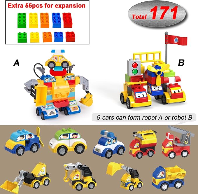 Klobroz Building Blocks for Toddlers 2-5, 171 Pieces Blocks Car Set for Kids Classic Large Building Bricks Compatible with All Major Brands Educational Toys for All Ages