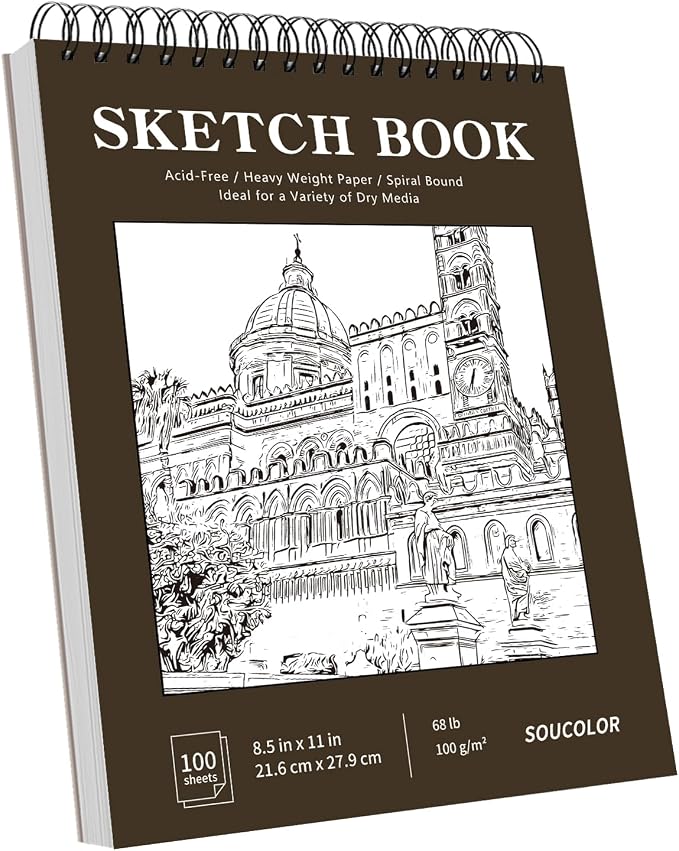 Soucolor Sketchbook 8.5x11 Hard Cover Spiral Bound, 100 Sheets 68lb/100gsm Thick Acid-Free Drawing Paper Lay Flat Sketch Pad Art Notebook for Adults Artists Teachers Students Classroom