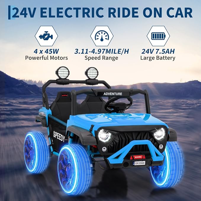 2 Seater Ride on Car for Kids, 24V Ride on Toy, Fast 4.97MPH Truck, 4WD Kids Electric Vehicles with Remote Control, Spring Suspension, Front & Behind LED Lights, Dual Storage, 3 Speeds, Music, Blue