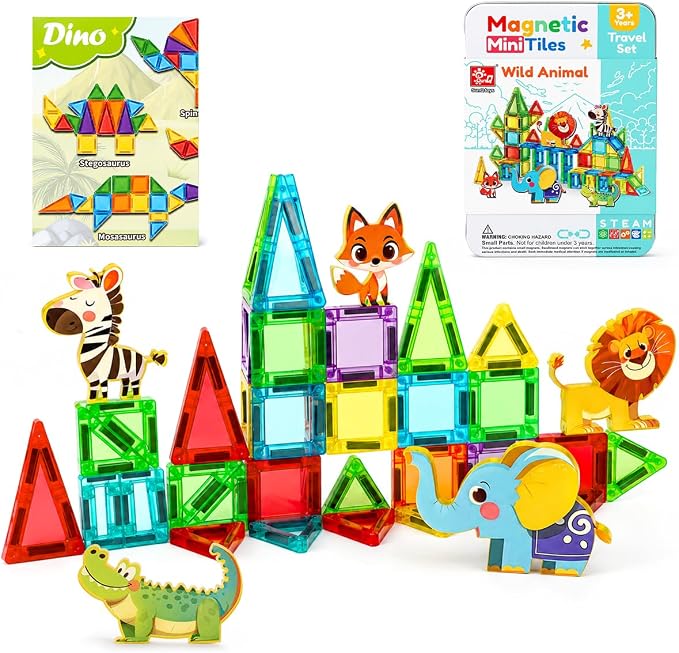45PCS Mini Magnetic Tiles for Kids Ages 3-8, Travel Magnetic Building Blocks Set with 5 Animal Figures, STEM Toys for Boys Girls, Portable Tin Case, Lion Zebra Fox Elephant Crocodile