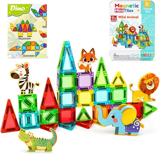 45PCS Mini Magnetic Tiles for Kids Ages 3-8, Travel Magnetic Building Blocks Set with 5 Animal Figures, STEM Toys for Boys Girls, Portable Tin Case, Lion Zebra Fox Elephant Crocodile