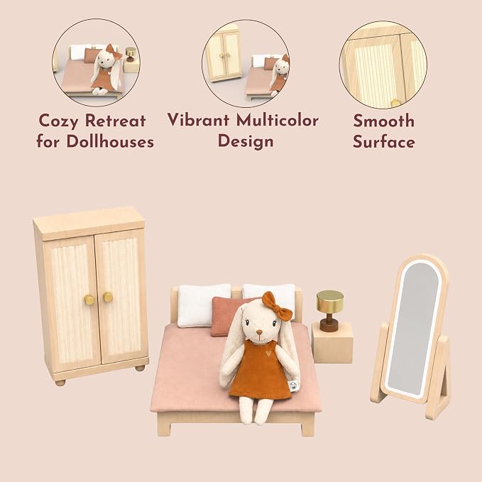 SPEEDY MONKEY Doll House Bedroom Playset – Wooden Playhouse with Bunny Character & Furnitures Set for Kids, Pretend Play Dollhouse and Imaginative Room Décor Storytelling for Toddlers & Preschoolers