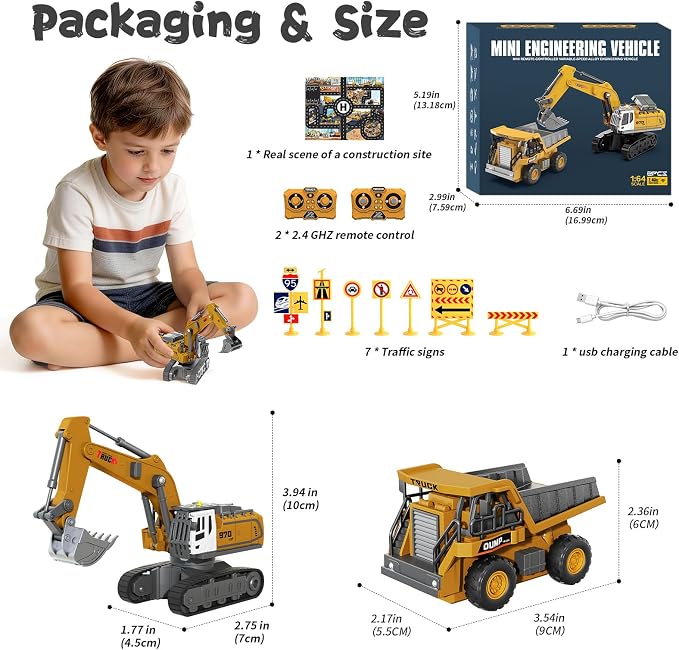 2 PCS Mini Remote Control Construction Vehicle Toy Set 1:64 Excavator and Dump Truck Toy Set with Lights Sounds & Traffic Sign & Construction Site Map Movable Parts GIFS for Kids & Adults