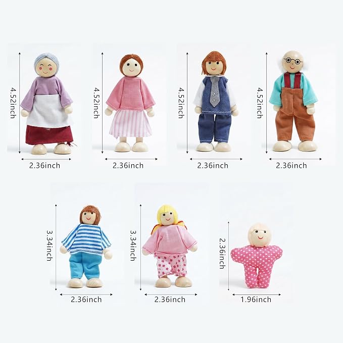 7PCS Wooden Dollhouse Dolls for Playing House Gifts for Children, Wood, Articulated Pretend Play Figures, Smooth Splinter-Free Wood, Montessori Family Set - 4.5In (Fashion)