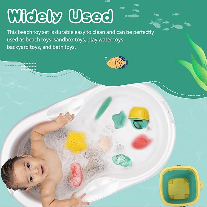 Sawaruita Beach Toys for Kids - Sand Toys Set Includes Collapsible Sand Bucket Shovel and Sand Rake Toy for Beach 12 PCS, Sandbox Toys Sandcastle Building Kit (A)