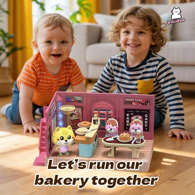 Koko's Cat Town DIY Miniature House Kit,Tiny Pink House Series–Cake Shop Building Kit,Dollhouse for 3 and up, Dollhouse Building Kit with Cats,Cat Toys Gift for Girls Boys Teens Kids Ages 3+
