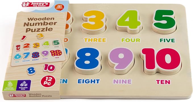 Jasey's Toy Chest Wooden Number Puzzle | 1-10 Numbers Learning Puzzle with Easy-Grip Pieces | Preschool Educational Toy for Toddlers Ages 18+ Months