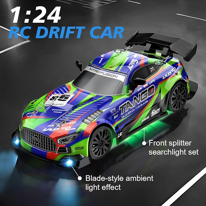 Drift RC Car for Electric Toy Car Hobby Racing Car Toys with Controller,1:24 4WD High Speed RC Drift Cars with LED Lights,Extra Drifting Tires＆Two Batteries,Racing Sport Toy,Vehicle for Adults＆Kids