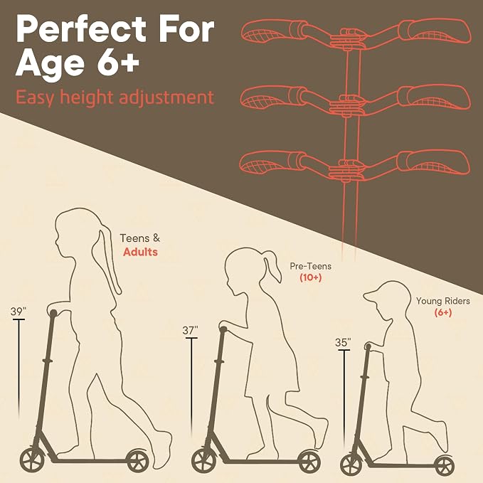 Campior Kick Scooter for Ages 6+, for Kids, Teens, and Adults, Max Load 240 LBS, Foldable, 8-inch Big Wheels for Kids and Adults, with Kickstand, 3 Adjustable Levels, Child Safety Approved, Aqua
