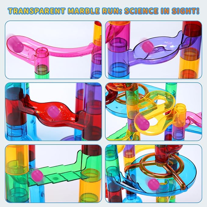 EagleStone 79PCS Transparent Marble Run STEM Maze Building Toy Play Set | 49 Track Pieces With Glow-In-The-Dark Glass Marbles, Building Toy For Kids Ages 3-12, Educational Gift For Boys And Girls