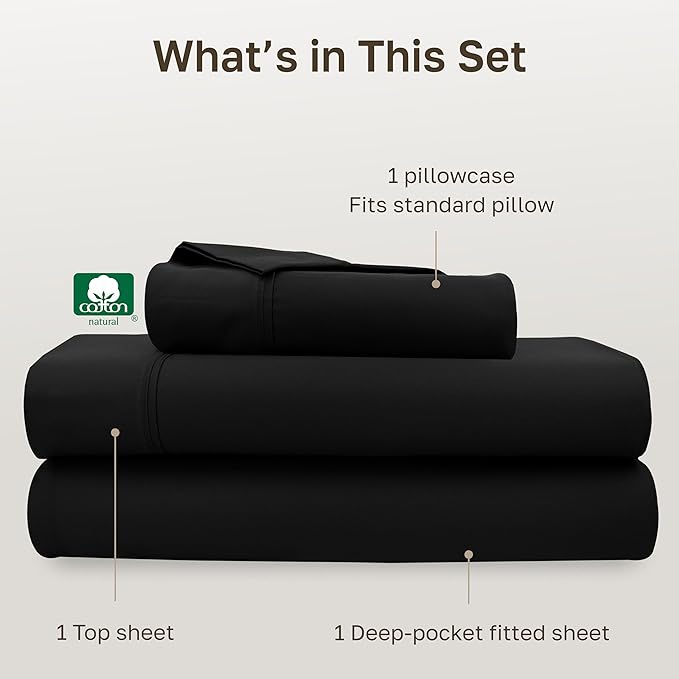 California Design Den Soft 100% Cotton Twin Size Bed Sheets Set, 400 Thread Count Good Housekeeping Award Winner, Silky Smooth Sateen Weave, Breathable and Durable Twin Bedding Set - Black