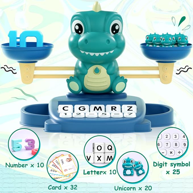 Kaodezhu Dinosaur Math Balance Toy for Boys and Girls - Montessori Matching Letter Toy for Kids 3 Year Olds, Educational Kindergarten Preschool Early Learning, Birthday Gift for 4 5 6 7 Years Old