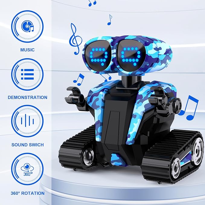MindPal Robot Toys Rechargeable RC Robots for Kids with LED Eyes Auto-Demonstration Dance & Sing Remote Control Emo Robots for Boys Girls, Camouflage Blue