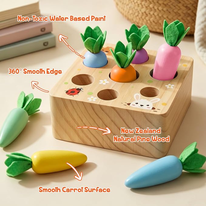 Wdmiya Montessoritoys for 1 Year Old, Wooden Toys Developmental Shape Sorting & Matching Puzzle Macaron Carrots Harvest Game, Birthday Gifts for Toddlers Babies Boys and Girls 6-12 Months Christmas