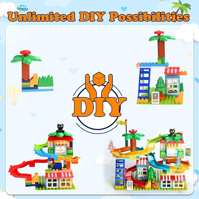 Marble Run Building Blocks,Classic Large Blocks Maze Track Sets with 4 Cars,STEM Toy Bricks Maze Puzzle Set Race Track Compatible with Major Brands for Age 3 4 5 6 7 8+ Boys Girls Gift