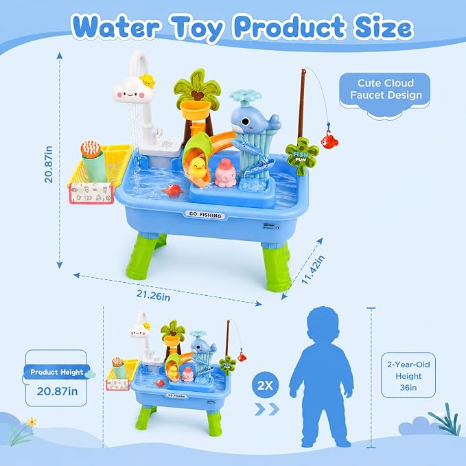2026 Upgraded Toddler Sand Water Table Toy with Electric Water Pump, Kids Sand Water with Faucet/Play Food Accessories/Fishing Toy, Kitchen Play Sink Toys for Girl Boy Age 3+ (Blue)