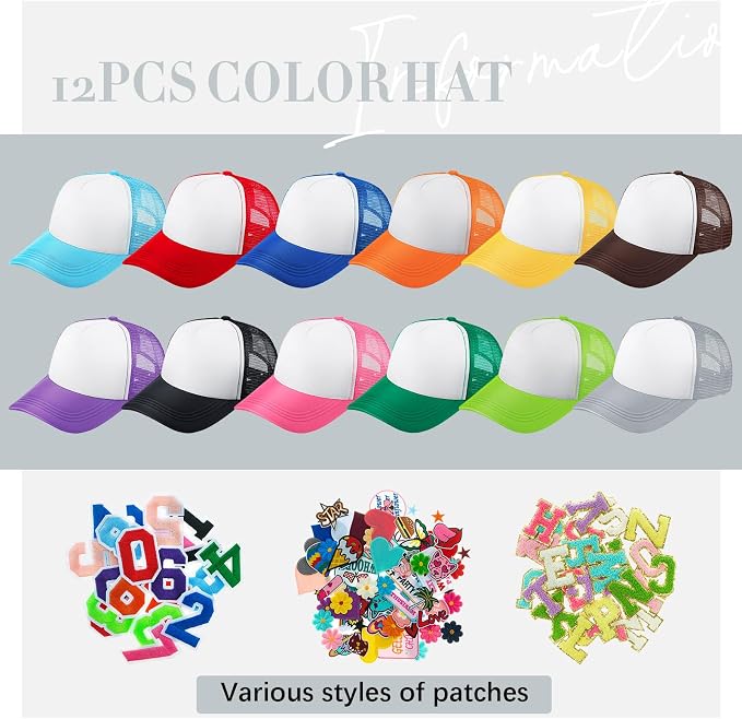 Hercicy 12 DIY Trucker Hats Kit, Sublimation Blank Baseball Caps with 120 pcs Embroidered Patches DIY Craft for Party(Cute, Multicolor)
