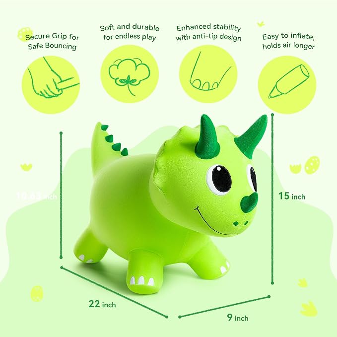 ZOOJOY Plush Bouncy Dinosaur Hopper for Toddlers Soft Covered Inflatable Ride-On Animal Horse Hopper, Dino Bouncy with Pump, Indoor Outdoor Ride On Toys for 18 Months 2 3 4 5 6 Years Boys Girls