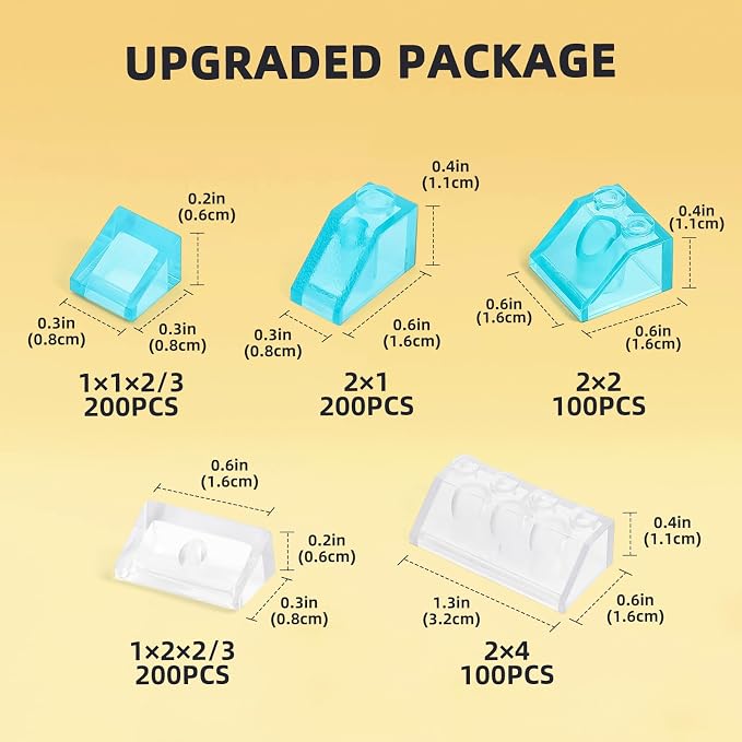 800 Pieces Building Bricks, 5 Sizes Building Pieces, Classic Slope Block Bulks - Compatible with All Major Brands, Transparent Blue/White