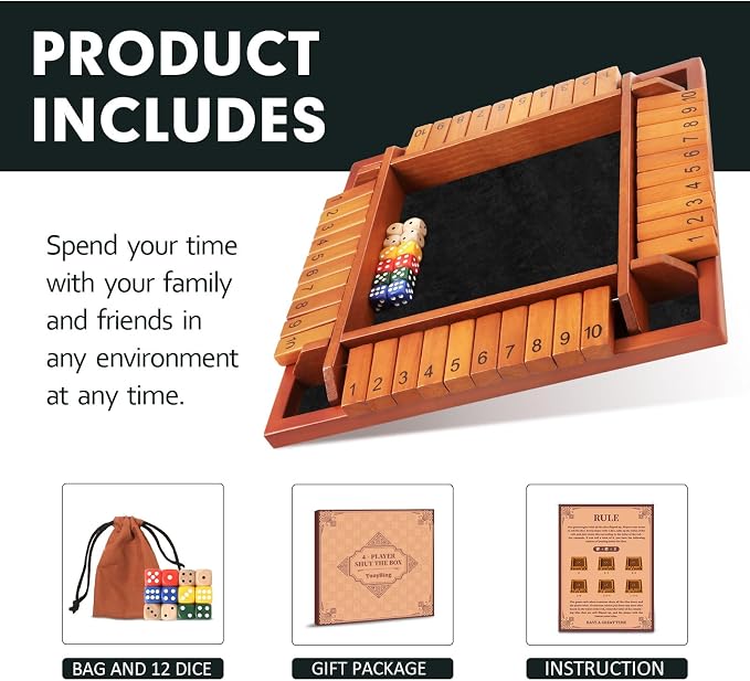 TooyBing Upgraded 1-4 Players Shut The Box Dice Game, Wooden Board Table Family Game for Kids and Adults with 12 Dice, Classic Tabletop Math Game for Pub Classroom Party, Gift for Christmas Birthday