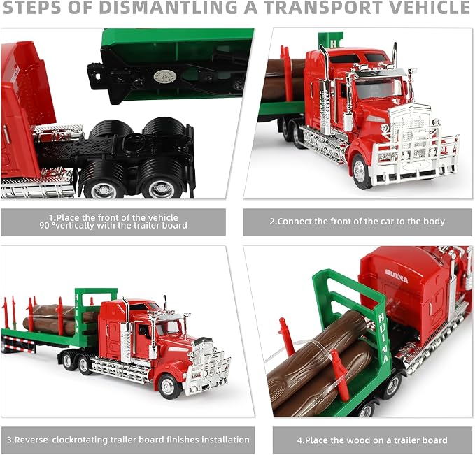 Logging Semi Truck and Trailer Toy, Large 1/50 for Kenworth W900 Diecast Metal Truck Tractor Trailer Transport Series Lumber Gifts for Boys Adult Model Car Collector -Red