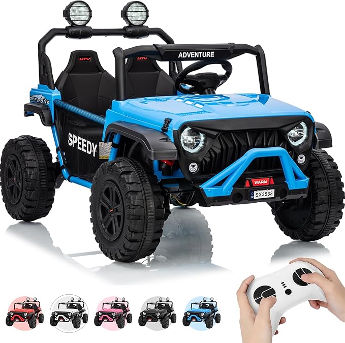 2 Seater Ride on Car for Kids, 24V Ride on Toy, Fast 4.97MPH Truck, 4WD Kids Electric Vehicles with Remote Control, Spring Suspension, Front & Behind LED Lights, Dual Storage, 3 Speeds, Music, Blue