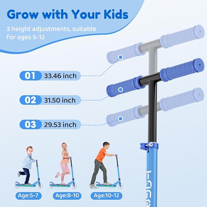TONBUX Scooters for Kids 5-12, 2 Wheel Scooters with Cool Light Up Stem, Wheels, and Deck, 3 Level Adjustable Height Kick Scooter, Foldable and Lightweight Scooter for Kids 8-12