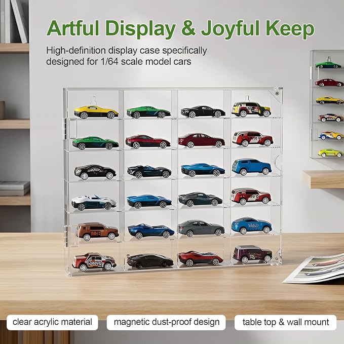 JUESHA Acrylic Display Case for Hot Wheels Storage 1/64 Scale, 6 Levels 24 Slots Toy Cars Showcase Wall Mount or Desktop, Clear Display Organizer for Diecast Matchbox Model Car Tabletop