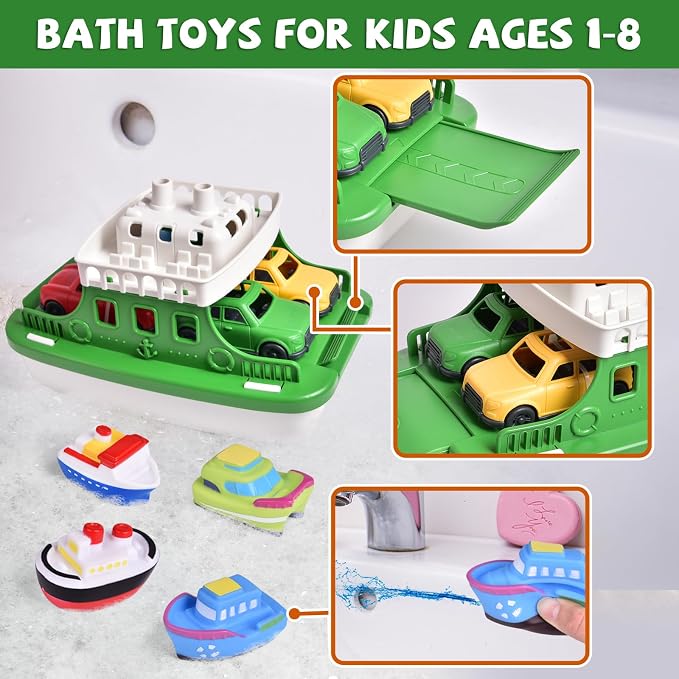 Ferry Boat Bath Toy with Mini Cars, Floating Water Play Set with Boat Squirters for Toddlers 1–3 & Kids Ages 4–8