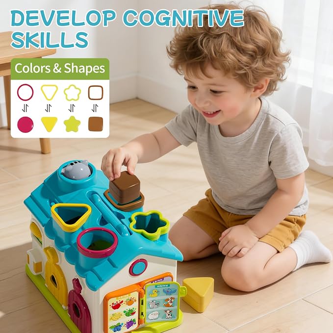 Baby Montessori Toys for 1-2 Year Old Boys Girls, 20-in-1 Musical Educational Activity House with 4 Shape Blocks, Fine Motor Sensory Toy for Toddlers 1-3, First Birthday Gift for 1 Year Old Boy Girl