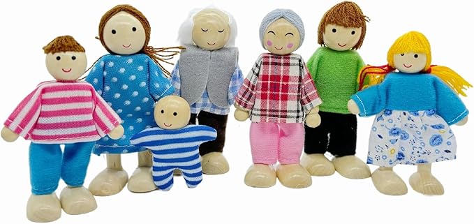 HYSTYLE 7 Pack Wooden Dollhouse Family Dolls Pretend Play Figures, Family Role Play Pretend Play People Figures