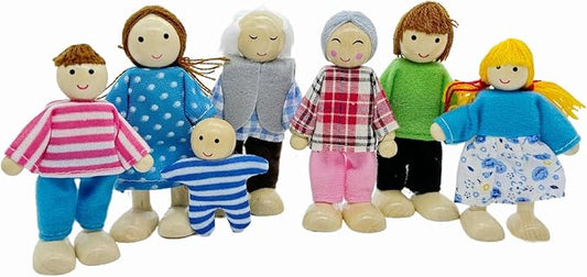 HYSTYLE 7 Pack Wooden Dollhouse Family Dolls Pretend Play Figures, Family Role Play Pretend Play People Figures