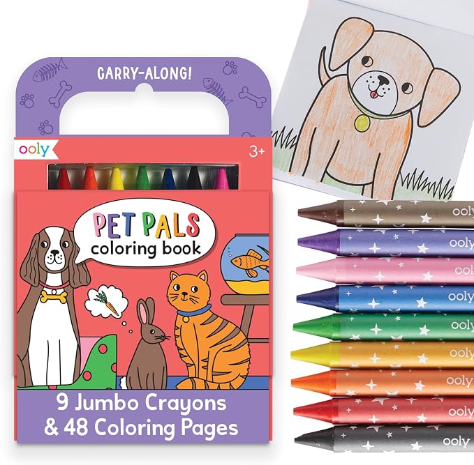 Ooly Kids Travel Activity Kit – 9 Jumbo Crayons & 48 Coloring Pages, Car Crafts for Kids, Mess-Free Road Trip Art Set, Airplane Activities – Pet Pals