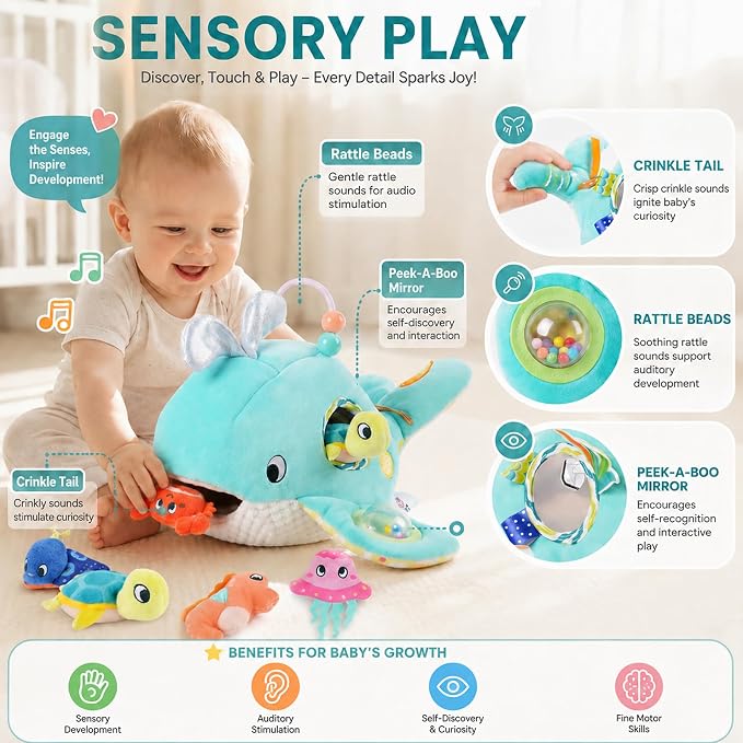 Baby Sensory Toys 6-12 Months - Montessori Ocean Adventure Set with Soft Whale & 6 Sea Animals, Rattle, Crinkle, Squeaker & Mirror for Fine Motor Development