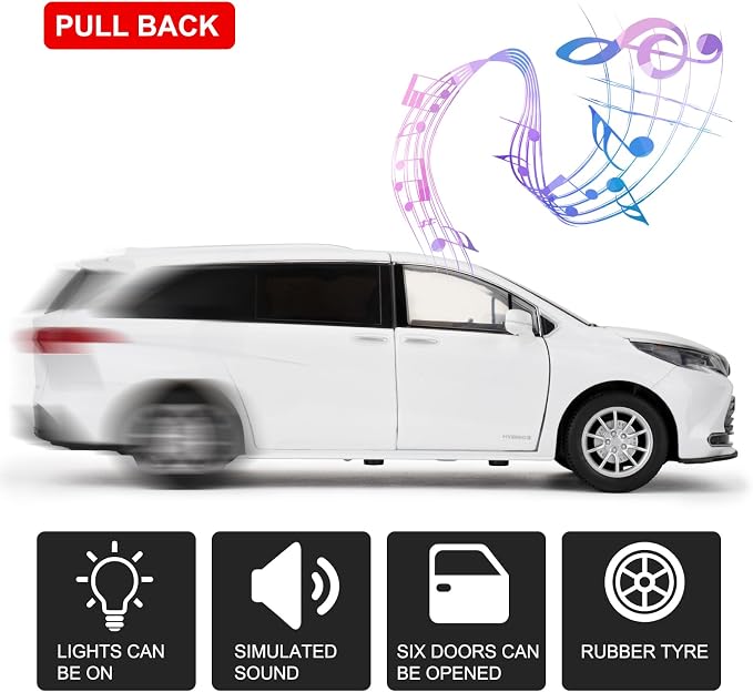 BDTCTK 1:24 Sienna MPV Car Model, Pull Back Diecast Toy Car with Sounds＆Lights for Kids Boys Girls and Adults, Gift White.