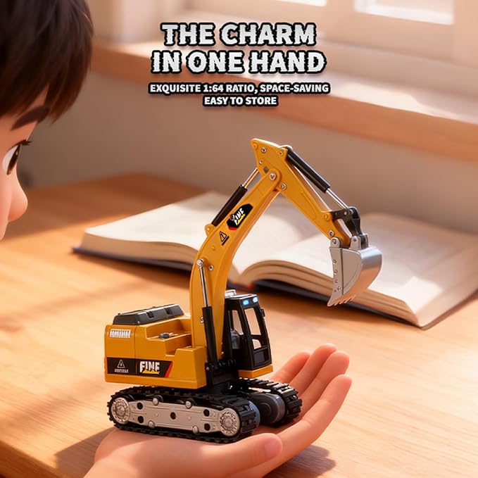 GRANTLEY 1/64 Remote Control RC Excavator Toy,Metal Rechargeable Mini Excavator Toy,RC Construction Vehicles with Lights & Sounds,STEM Birthday Gift for Boys and Girls Ages 4-12
