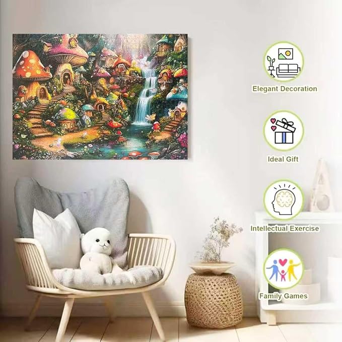 Mushroom Castle 1000 Piece Puzzle for Adults,Mushroom Garden Waterfall Puzzles for Adults 1000 Pieces,Challenging and Hard Difficult Mosaic Jigsaw Puzzles Toy Games 1000Pieces 27.5 X 19.7inch