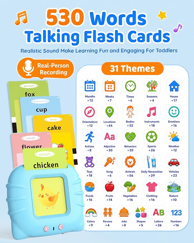 Aullsaty Talking Flash Cards for Toddlers 1-5 Years Old, Upgraded 536 Sight Words with 6 Songs Montessori Autism Sensory Toys, Educational Learning Speech Therapy Birthday Gifts for Boys Girls (Blue)