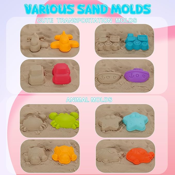 14 Piece Beach Toys,Castle Barrel Bucket,Sea Animal and Traffic Sand Molds,Beach Shovel Tool Kit, Fun Outdoor Games Beach Accessories for Boys Girls