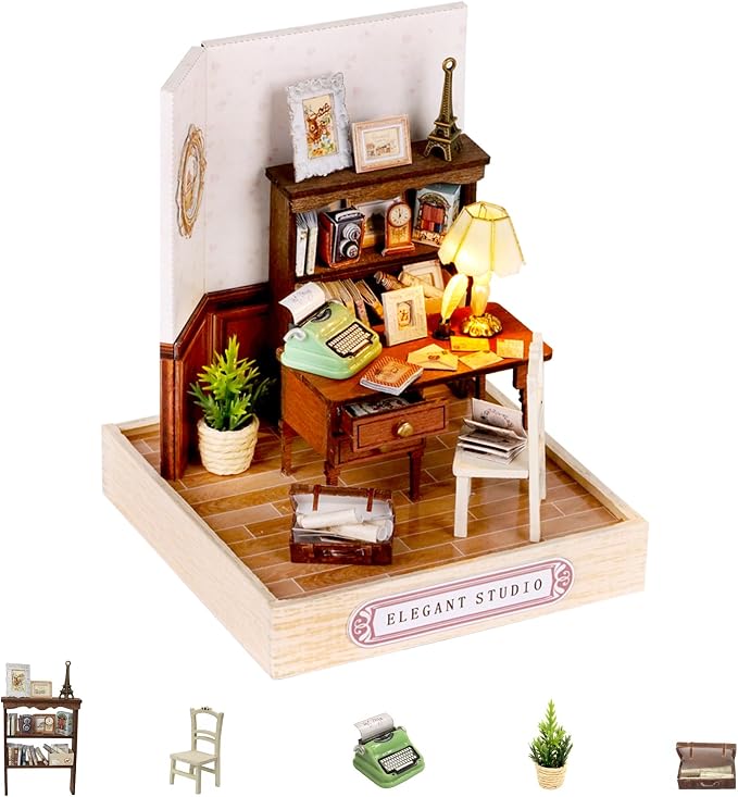 Kisoy Dollhouse Miniature with Furniture Kit, DIY 3D Wooden DIY House Kit with Dust Cover,Handmade Tiny House Toys for Teens Adults Gift(Elegant Studio)